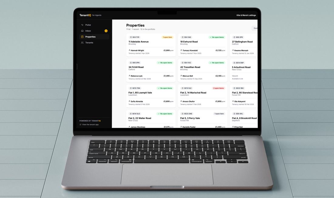 The agent and landlord dashboard, listing open issues across properties with their status and age.